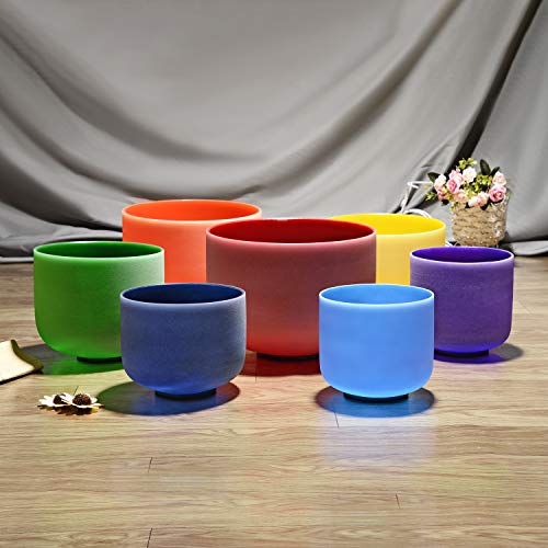 TOPFUND 432 Hz Chakra Set of 7 Color Crystal Singing Bowls 6-12 inch with Heavy Duty Carrying Cases and Singing Bowl Mallet Suede Striker - TOPFUND Crystal Singing Bowl